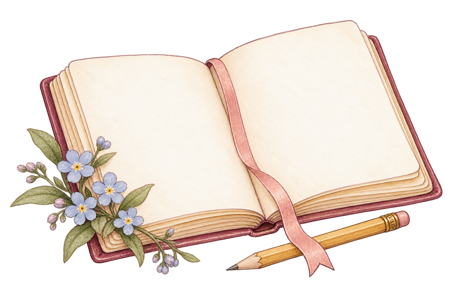Open keepsake book with flowers and a ribbon bookmark