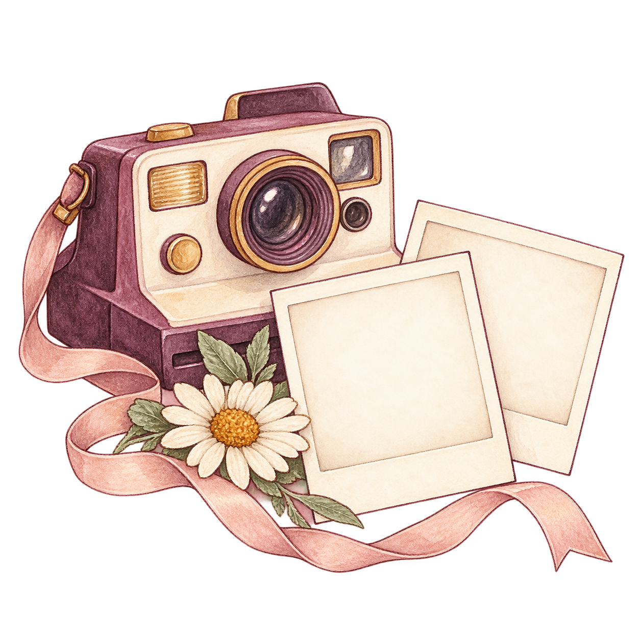 Illustrated camera, keepsake photographs and daisy
