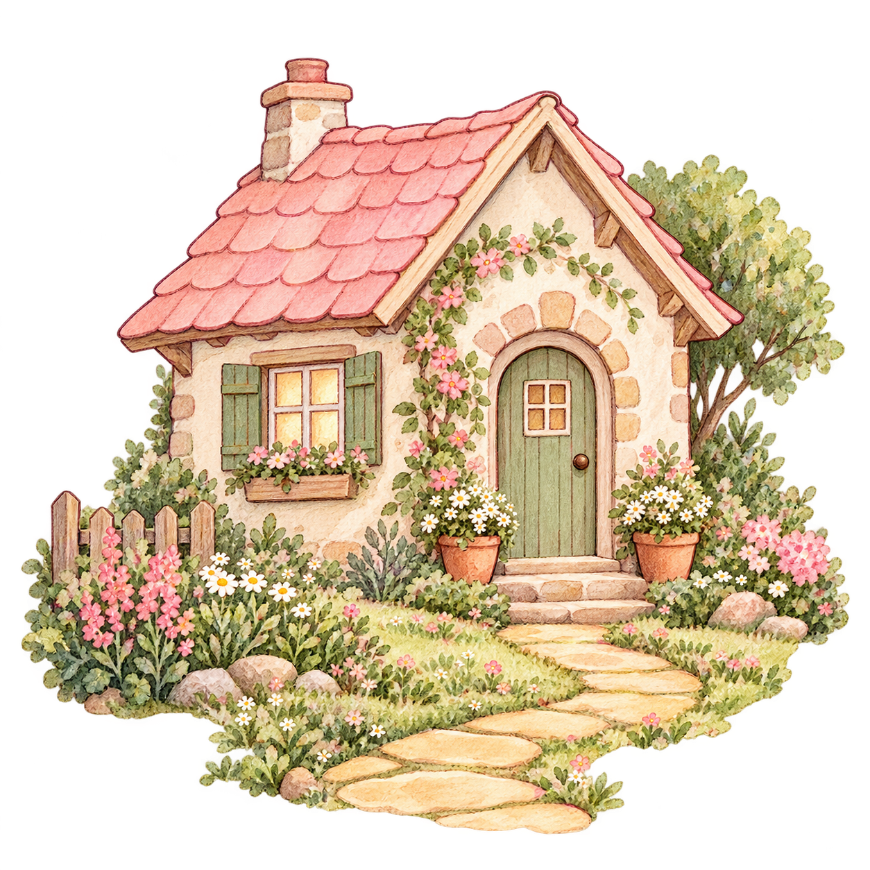 Watercolour cottage surrounded by flowers