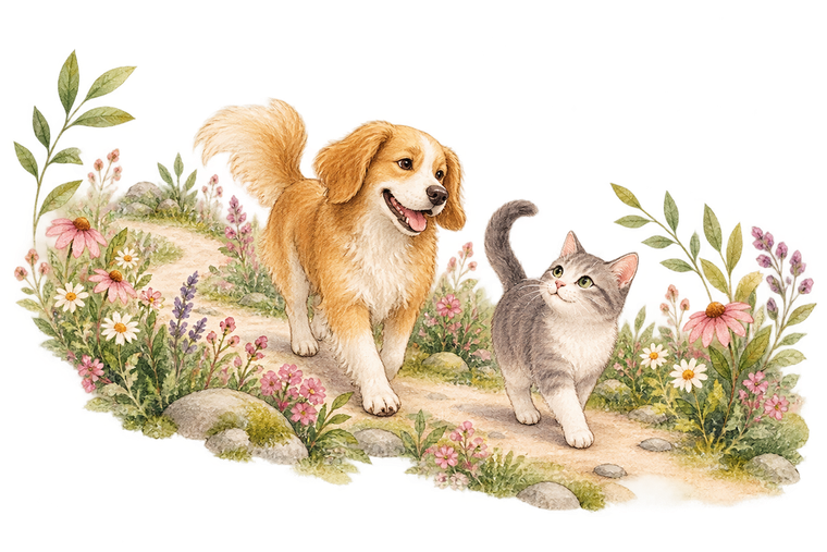Hand-drawn-style pets exploring a garden path