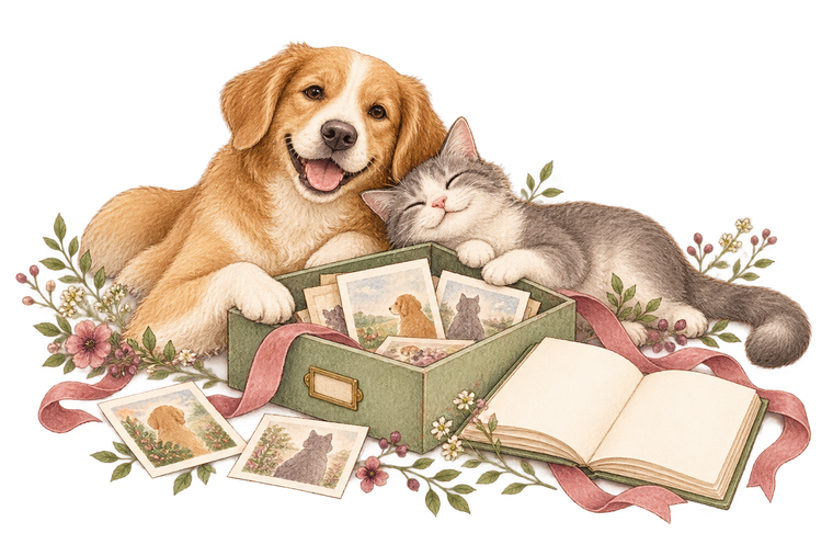 Hand-drawn-style pets beside a box of treasured memories